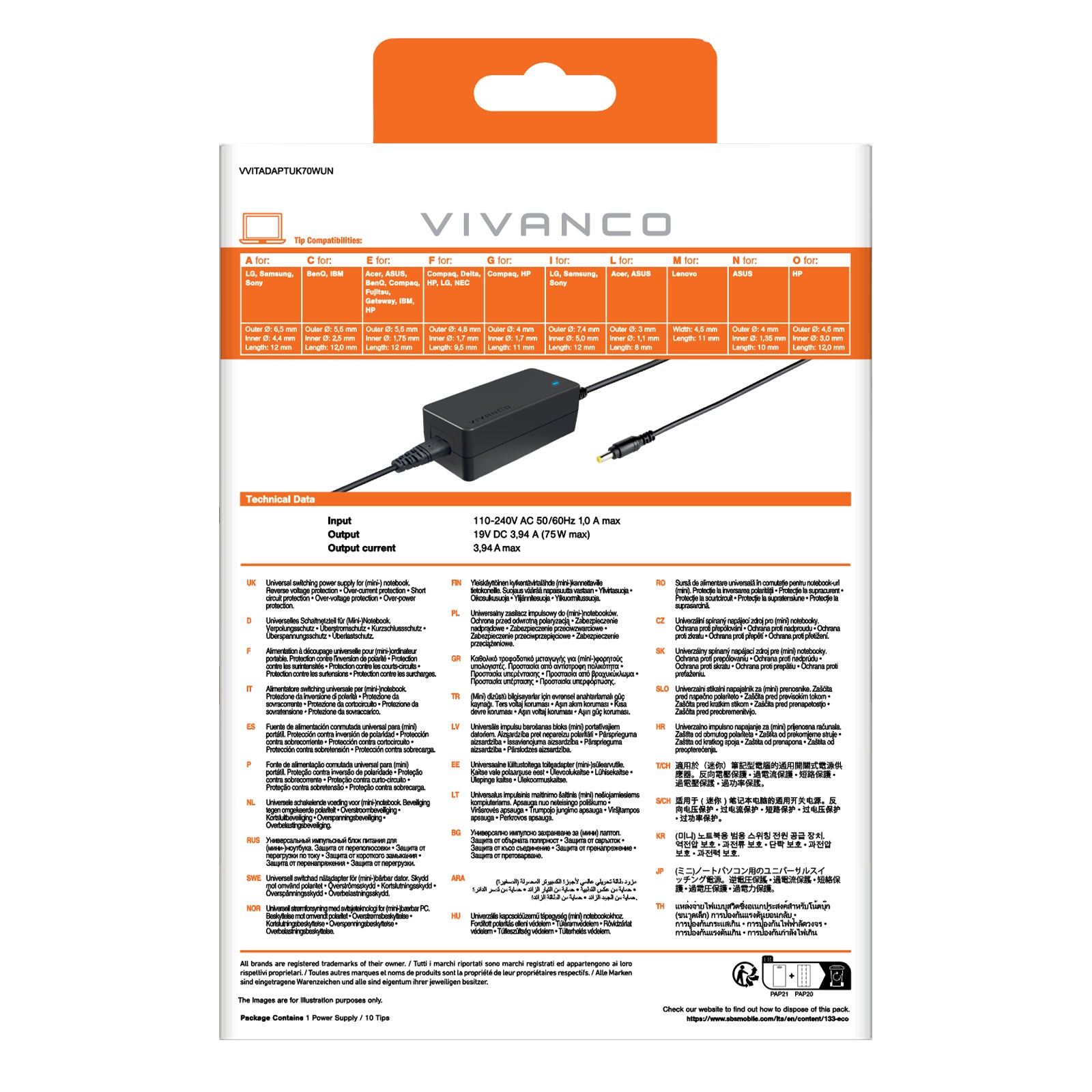 Alimentatore per laptop con 10 adattatori e spina UK, 70W
