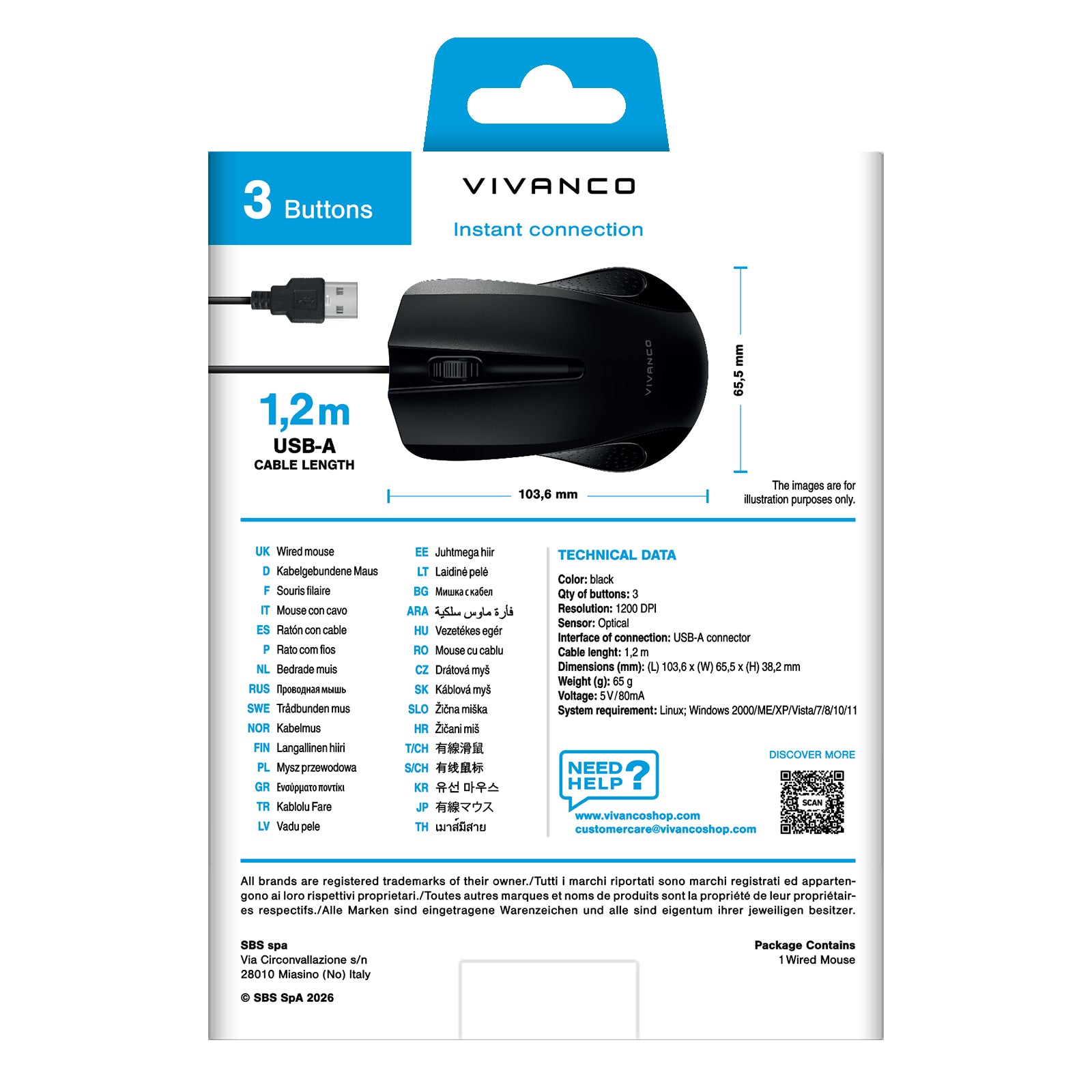 Mouse compatto con 3 pulsanti, 1000 dpi