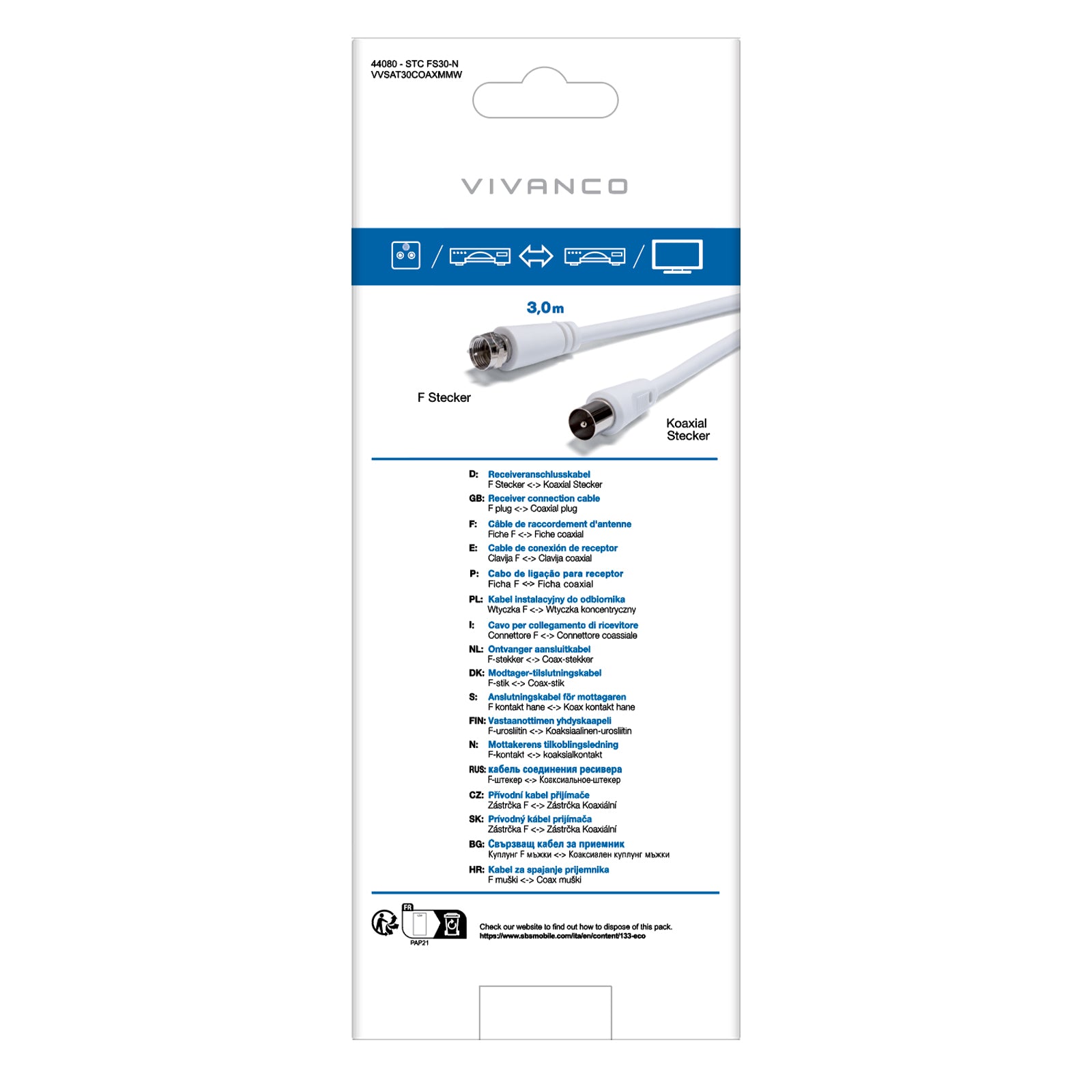 Cavo satellite coassiale Tipo F maschio - maschio
