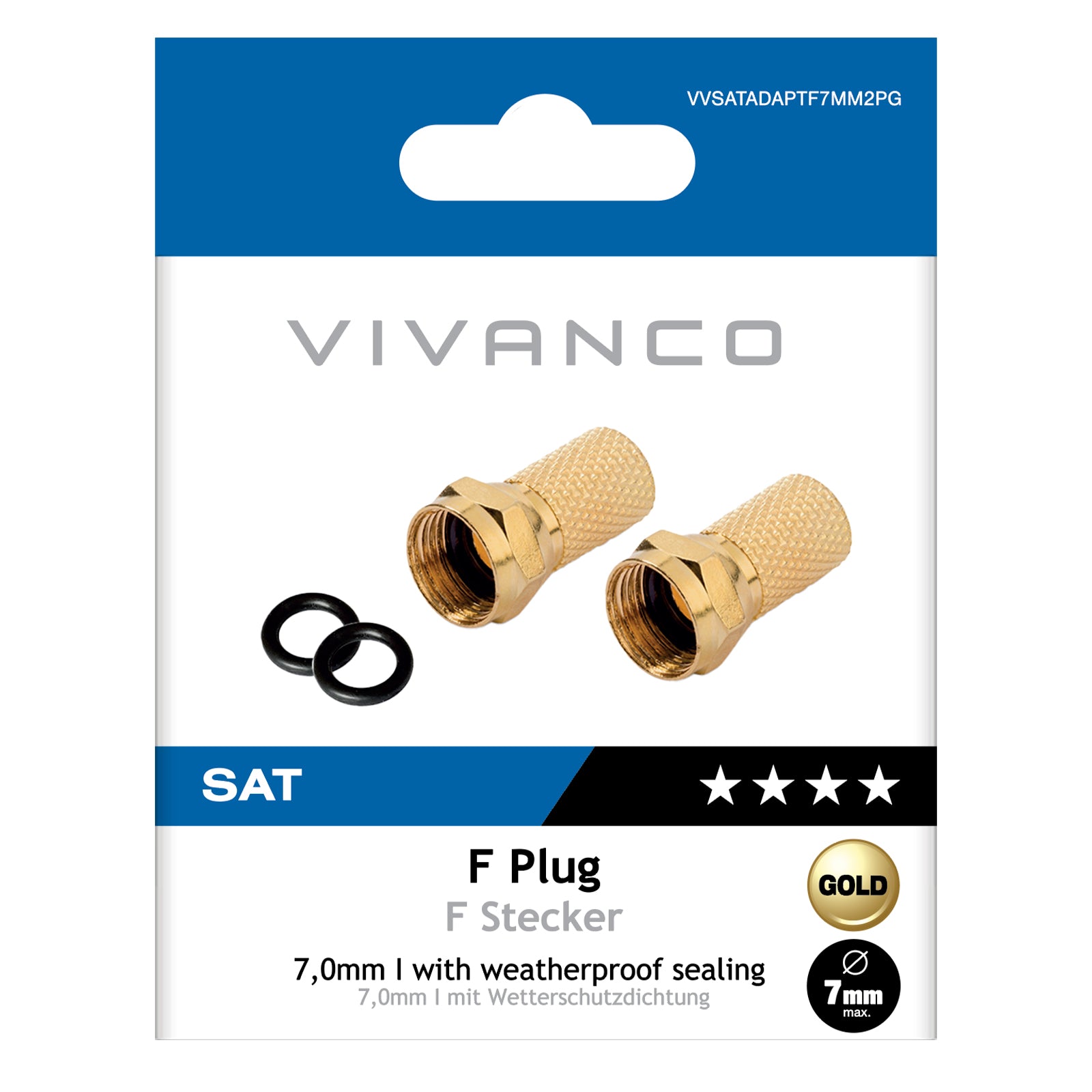 Connecteur F plaqué or avec joint, 7,0 mm