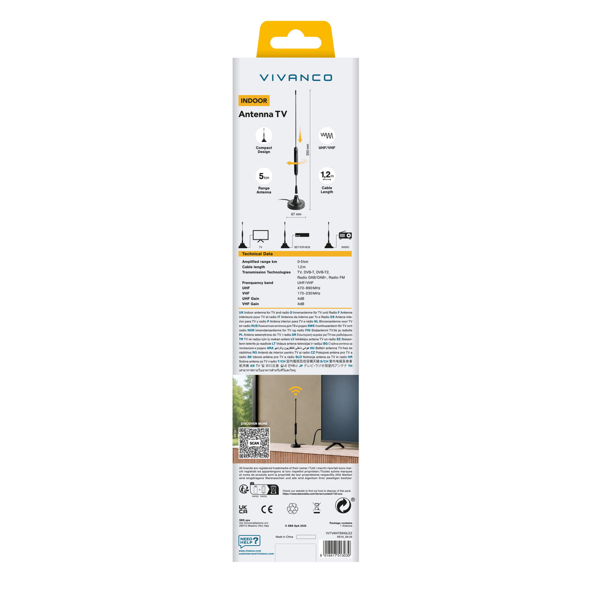 Antenne passive intérieure pour réception TV et radio, câble de 1,2 m