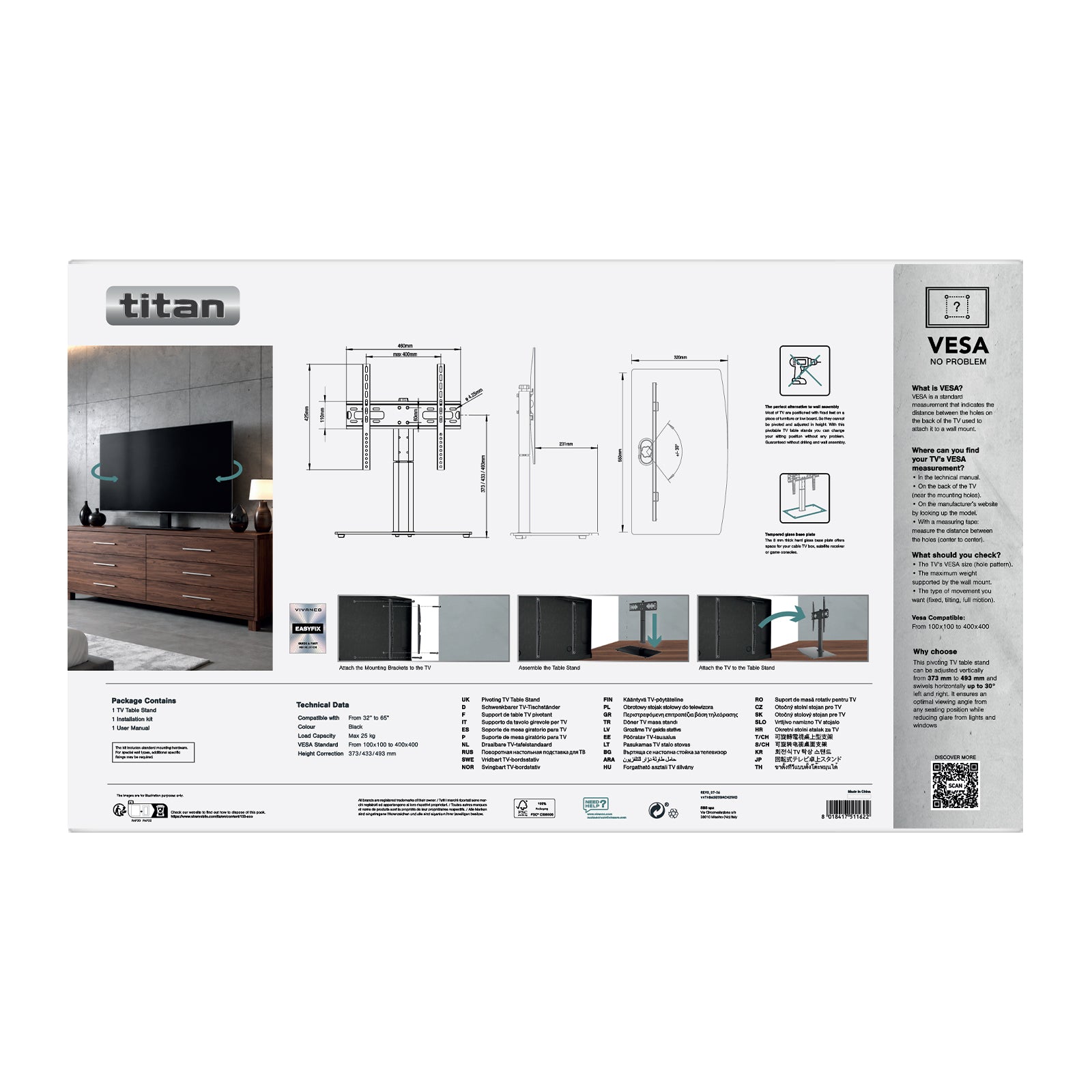 TITAN TV-Monitor, Standfuß, 65", 25kg, VESA 400x400