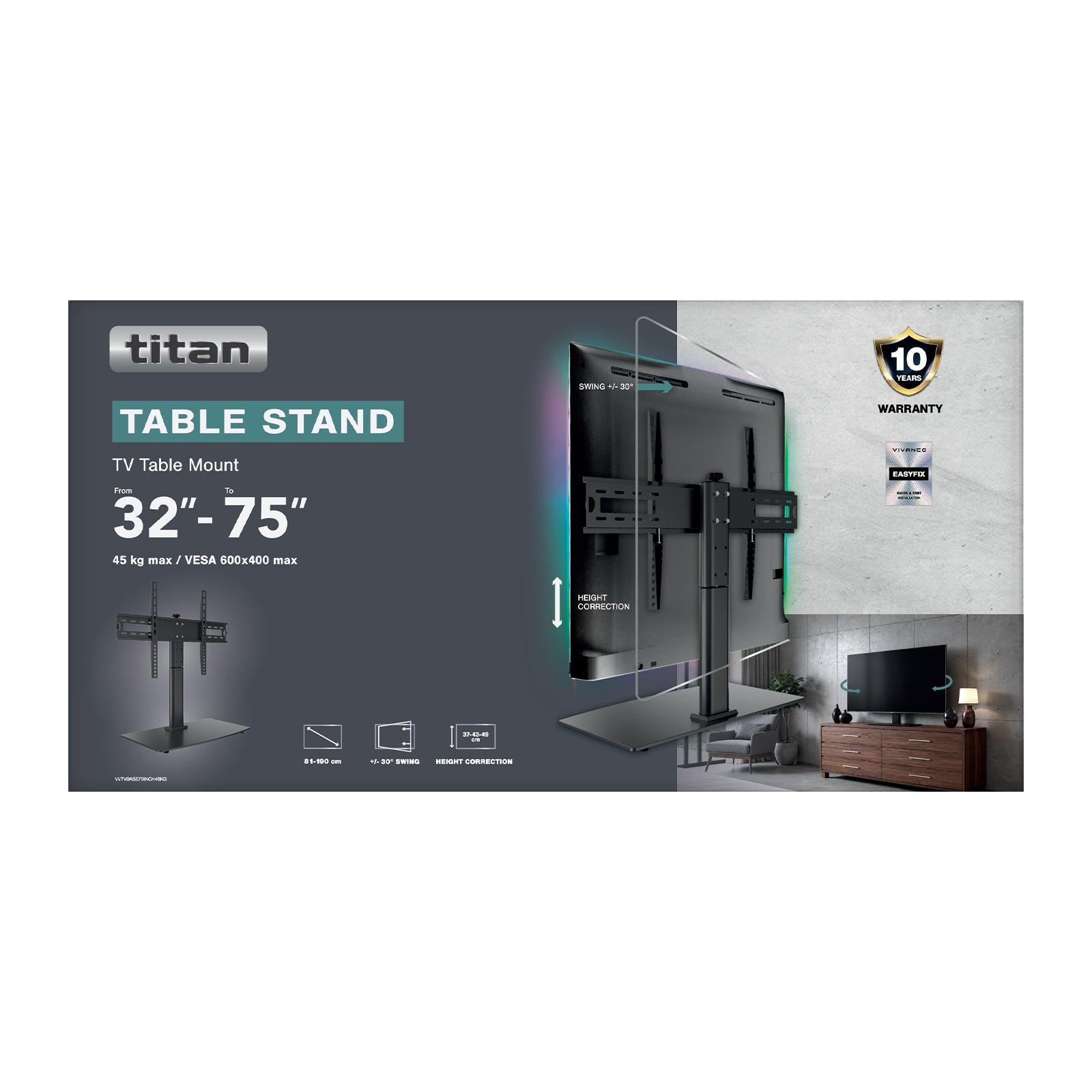 TITAN TV-Monitor, Standfuß, 75", 45kg, VESA 600x400