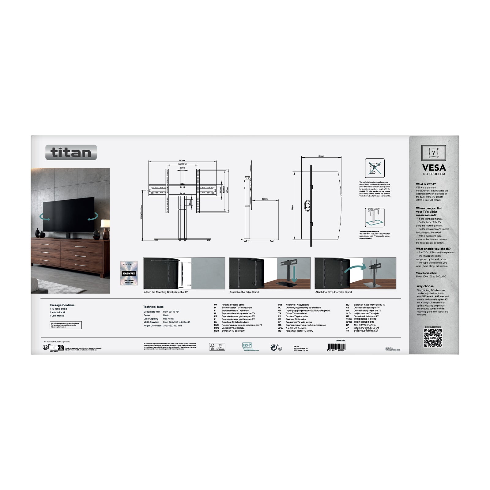 TITAN TV-Monitor, Standfuß, 75", 45kg, VESA 600x400