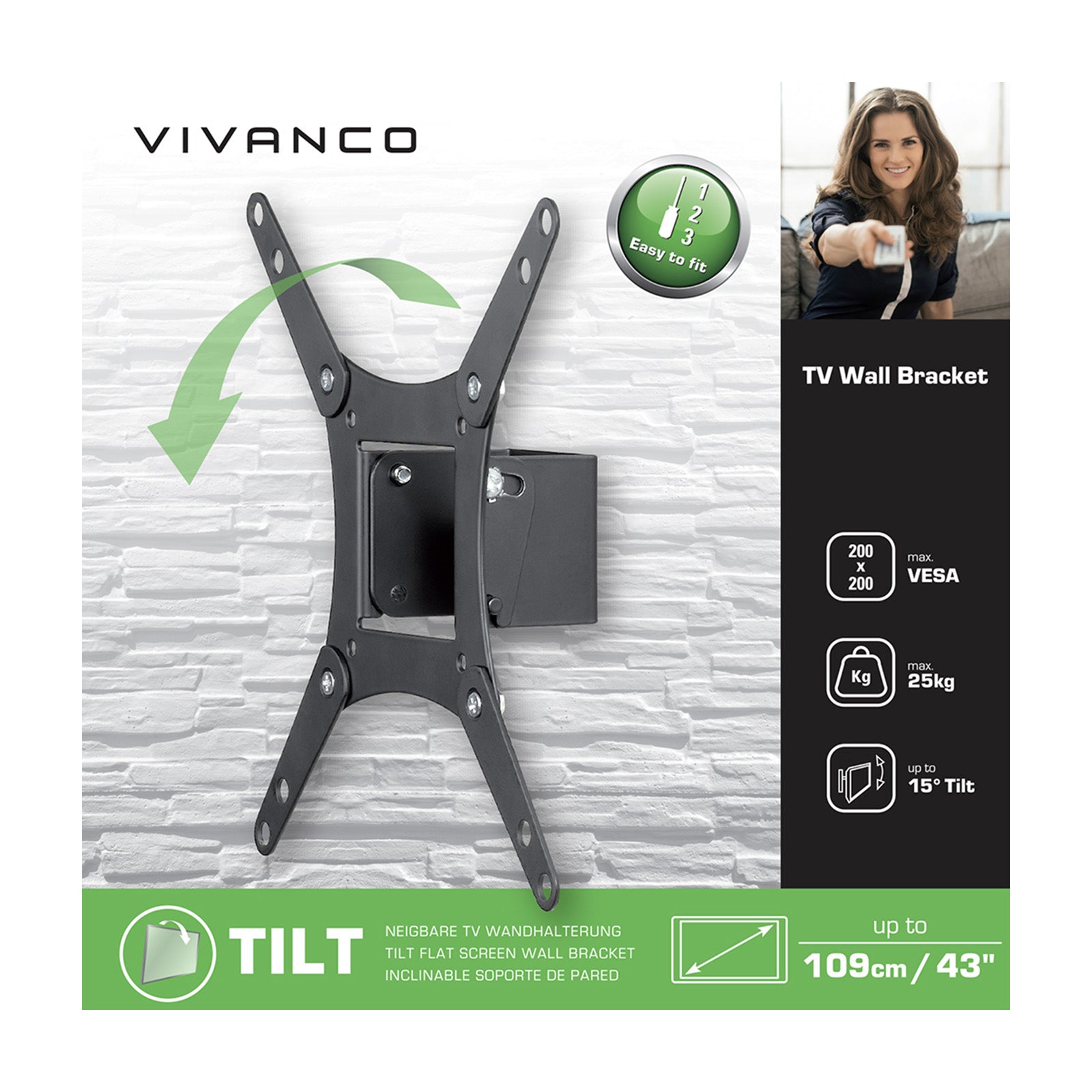TV Wall Mount, TILT, 43", 25kg, VESA 200x200