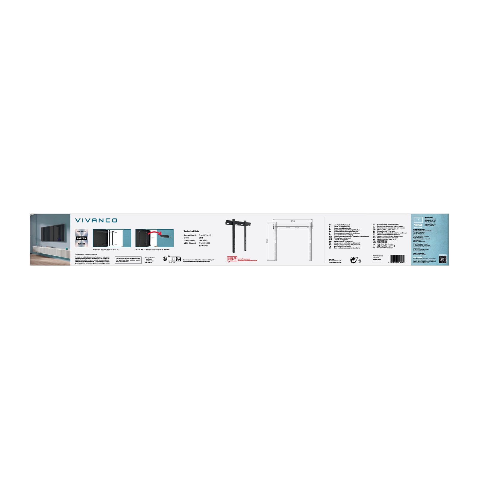 Soporte de pared para TV, Fijo, 55", 35kg, VESA 400x400