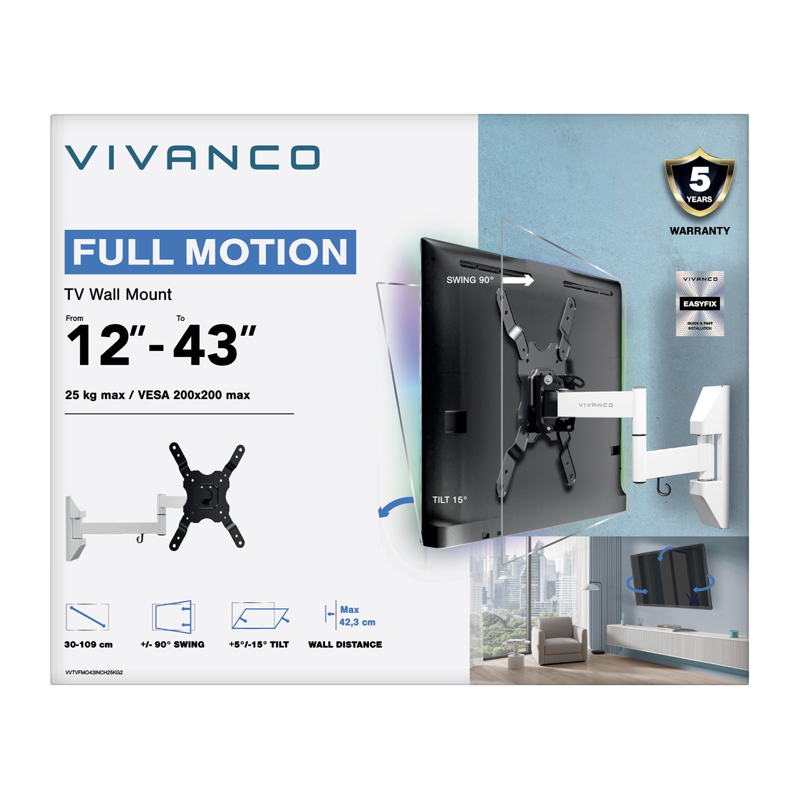 TV Wall Mount, MOTION, dual arm, 43", 25kg White, VESA 200x200