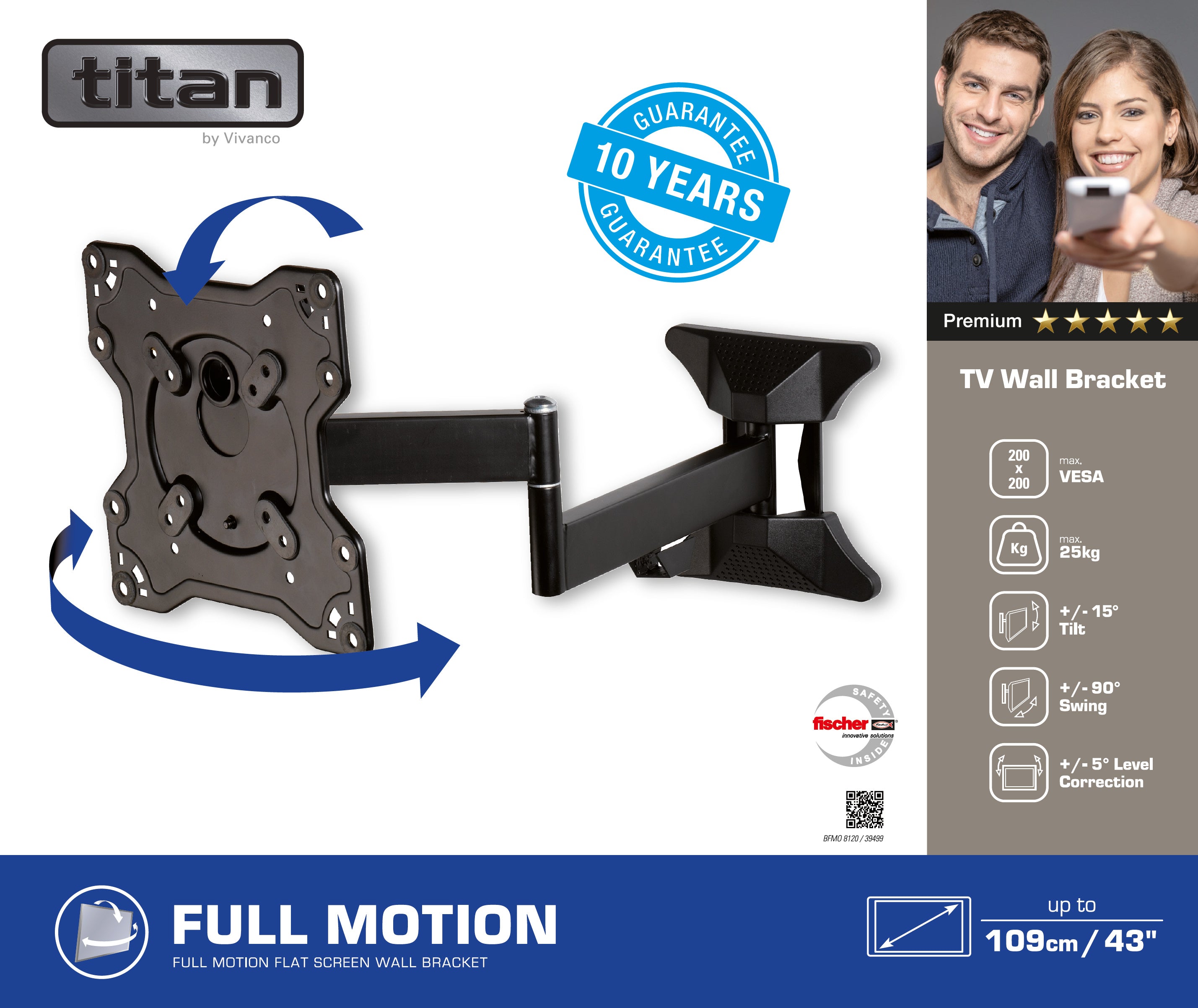 TITAN TV Wall Mount, MOTION, 43", 25kg, VESA 200x200