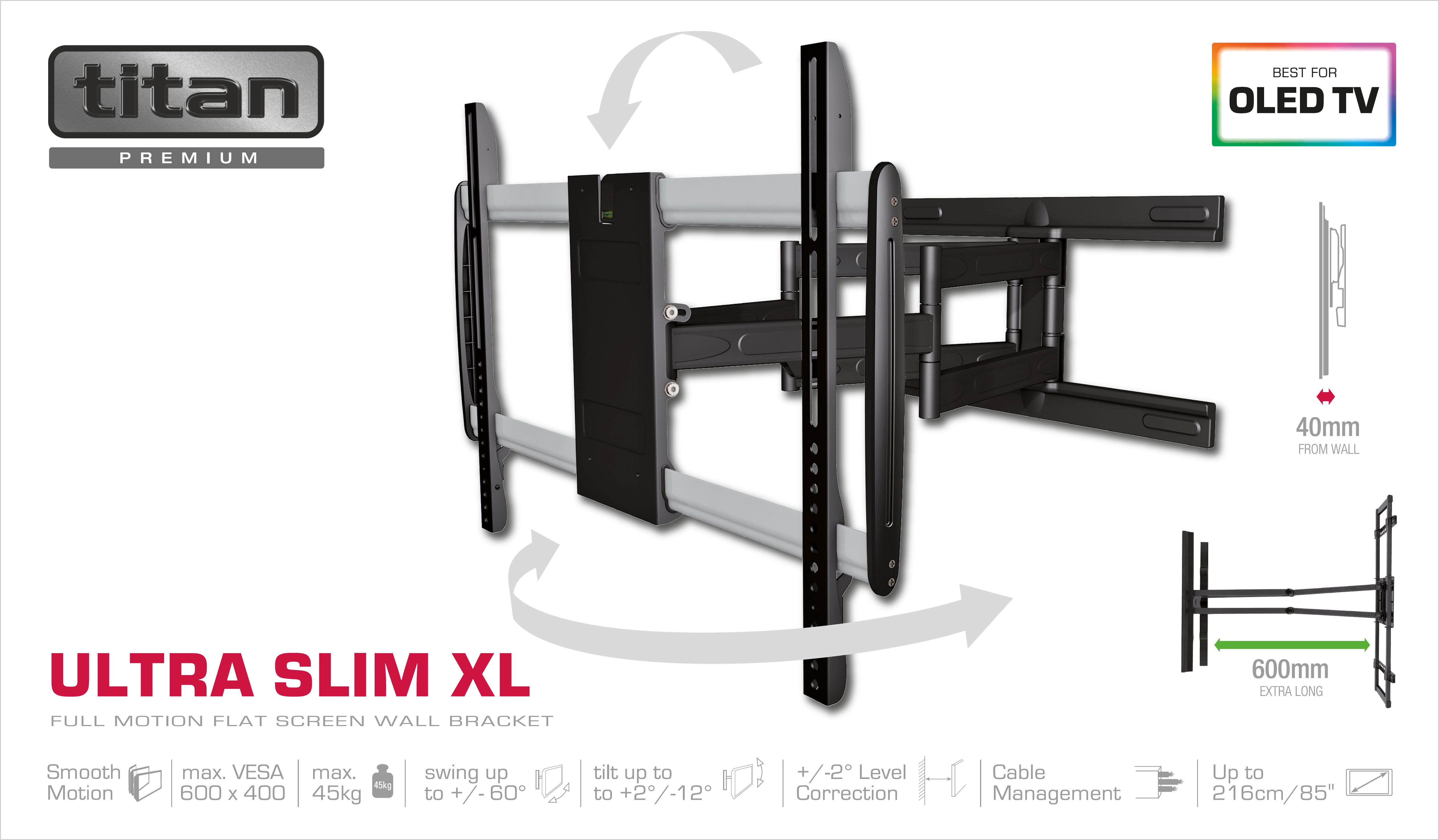 TITAN TV Wall Mount, MOTION, 85", 45kg, VESA 640x450