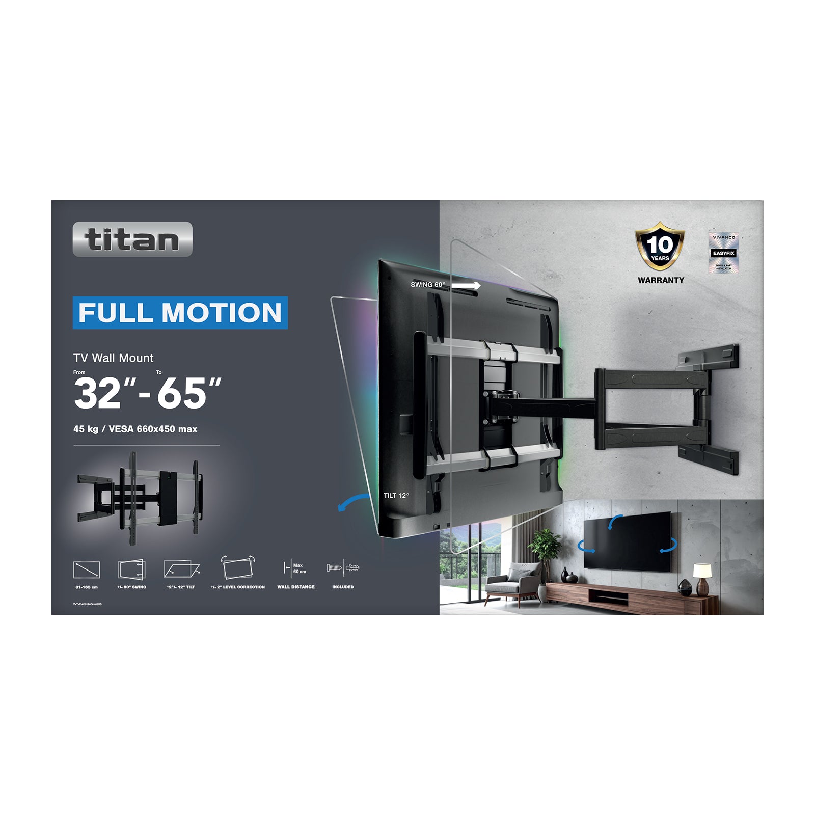 TITAN Supporto TV da parete, MOTION, 85", 58kg, VESA 640x450