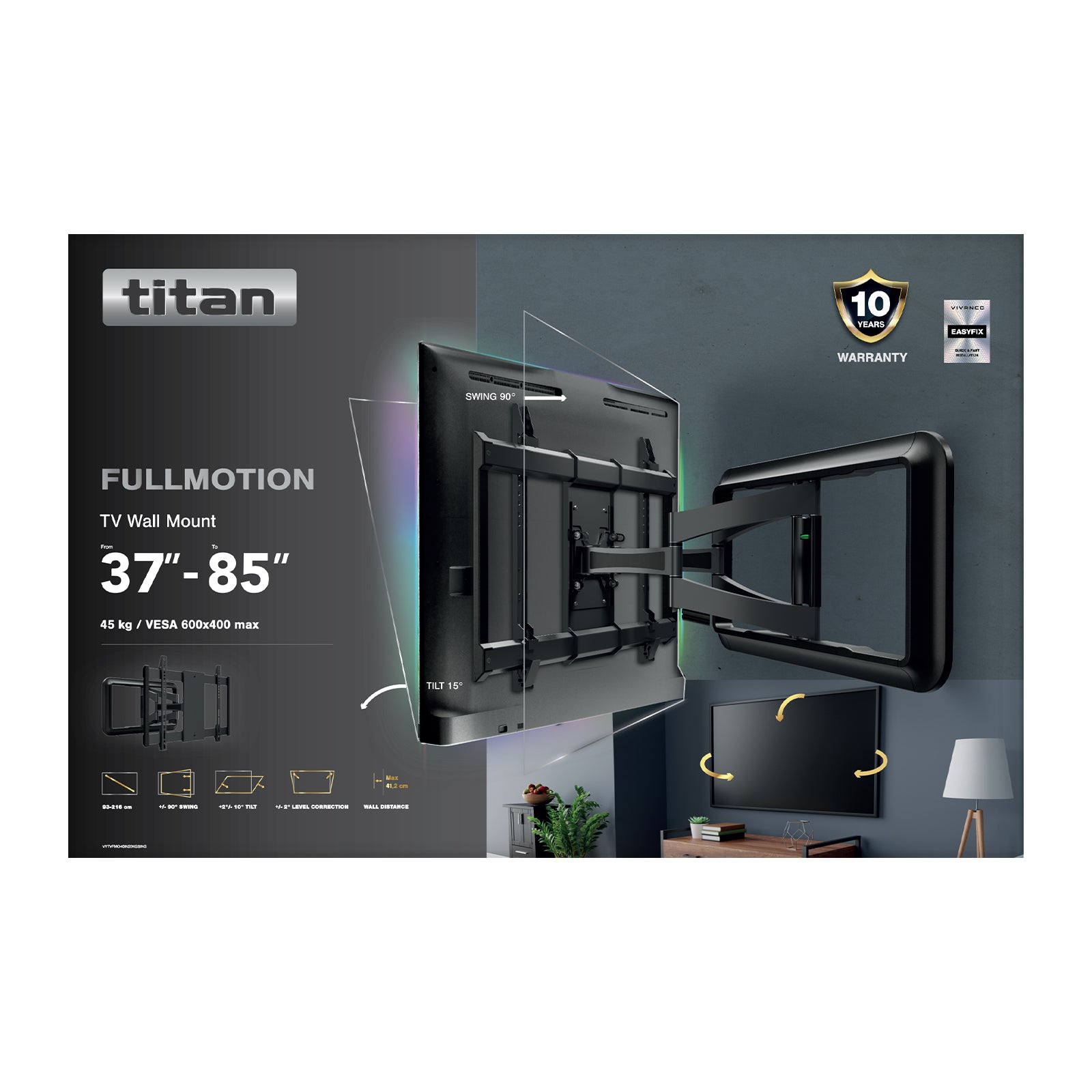 TITAN TV Wall Mount, MOTION, 85", 45kg, BLACK,VESA 600x400