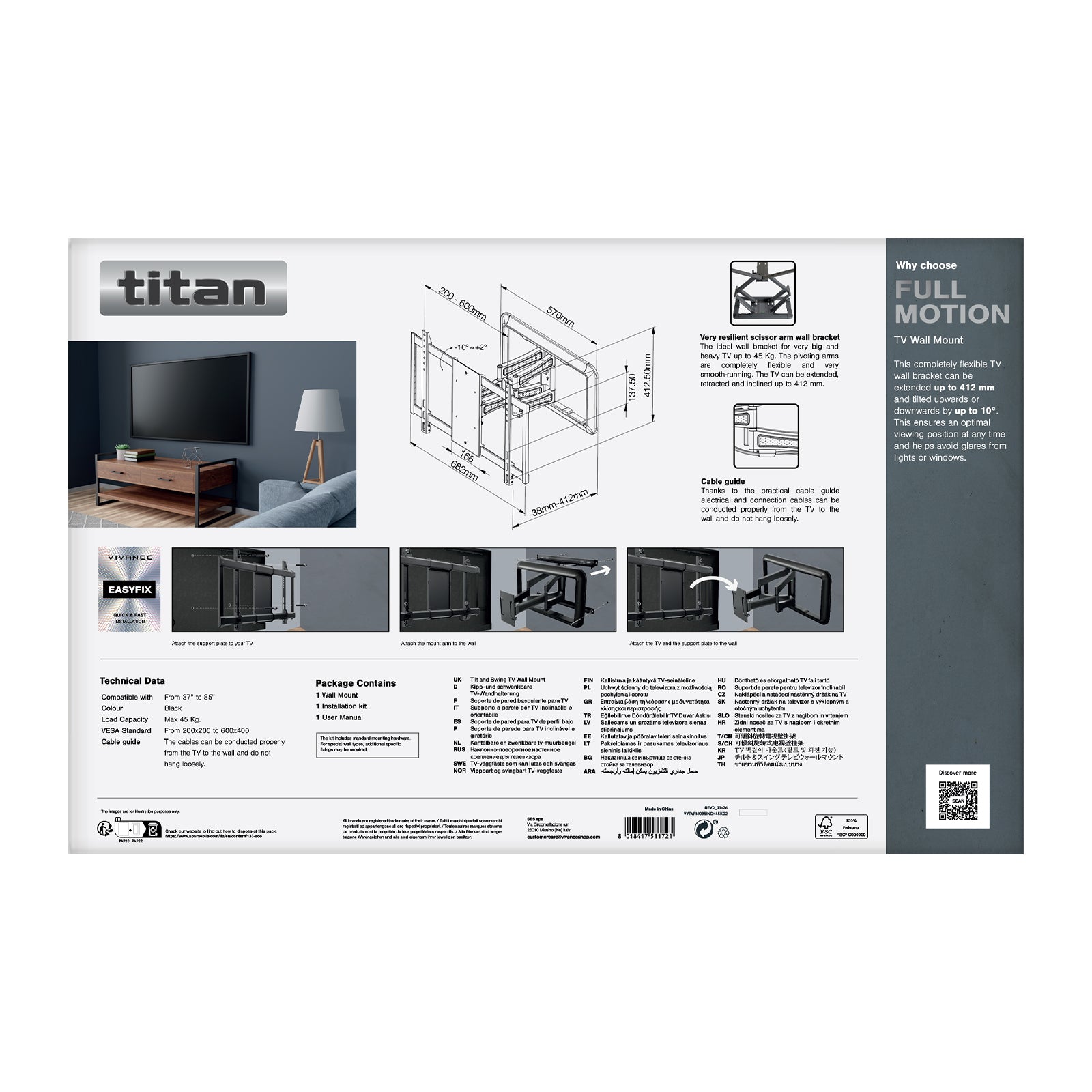 TITAN TV Wall Mount, MOTION, 85", 45kg, BLACK,VESA 600x400