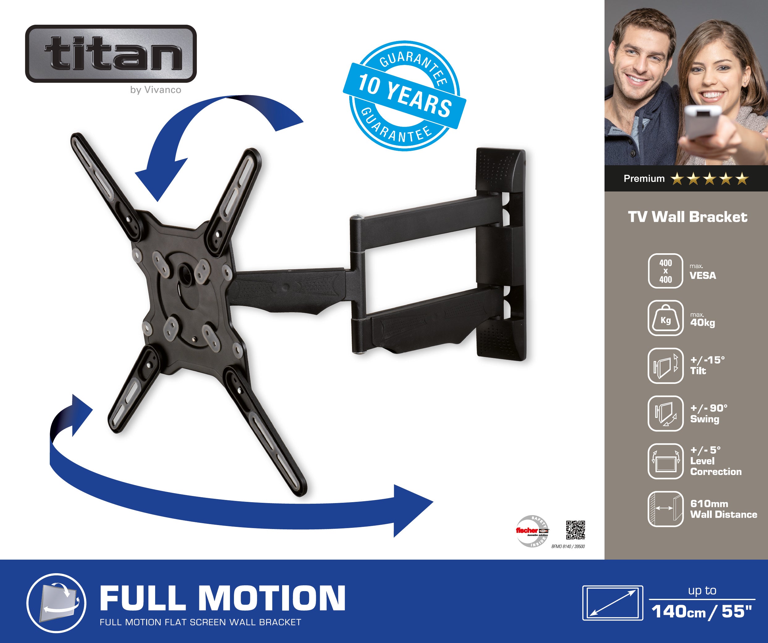 TITAN TV Wall Mount, TILT, 55", 40kg, VESA 400x400