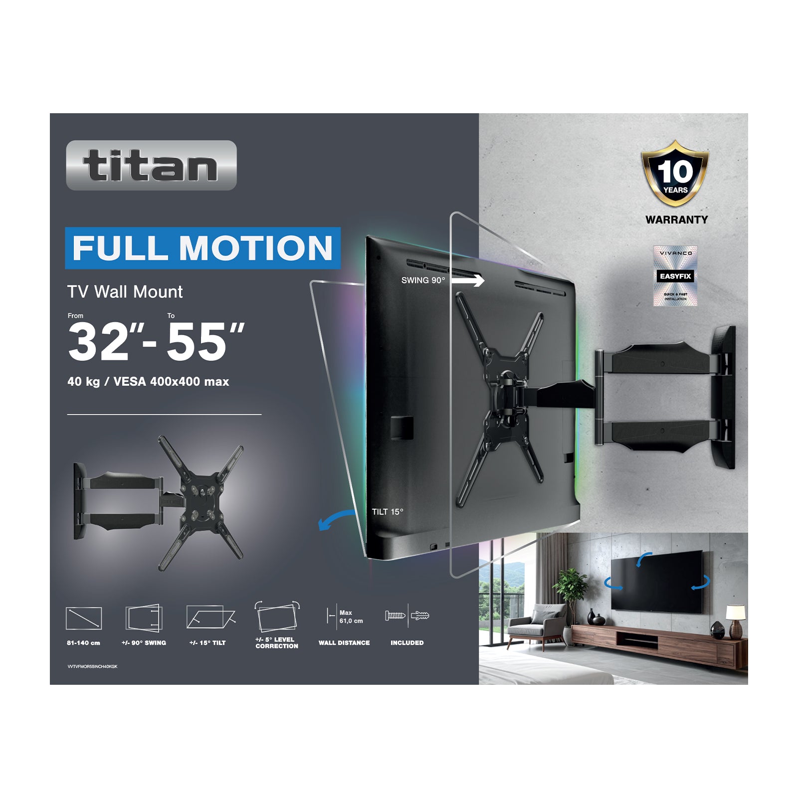 TITAN Supporto TV da parete, TILT, 55", 40kg, VESA 400x400
