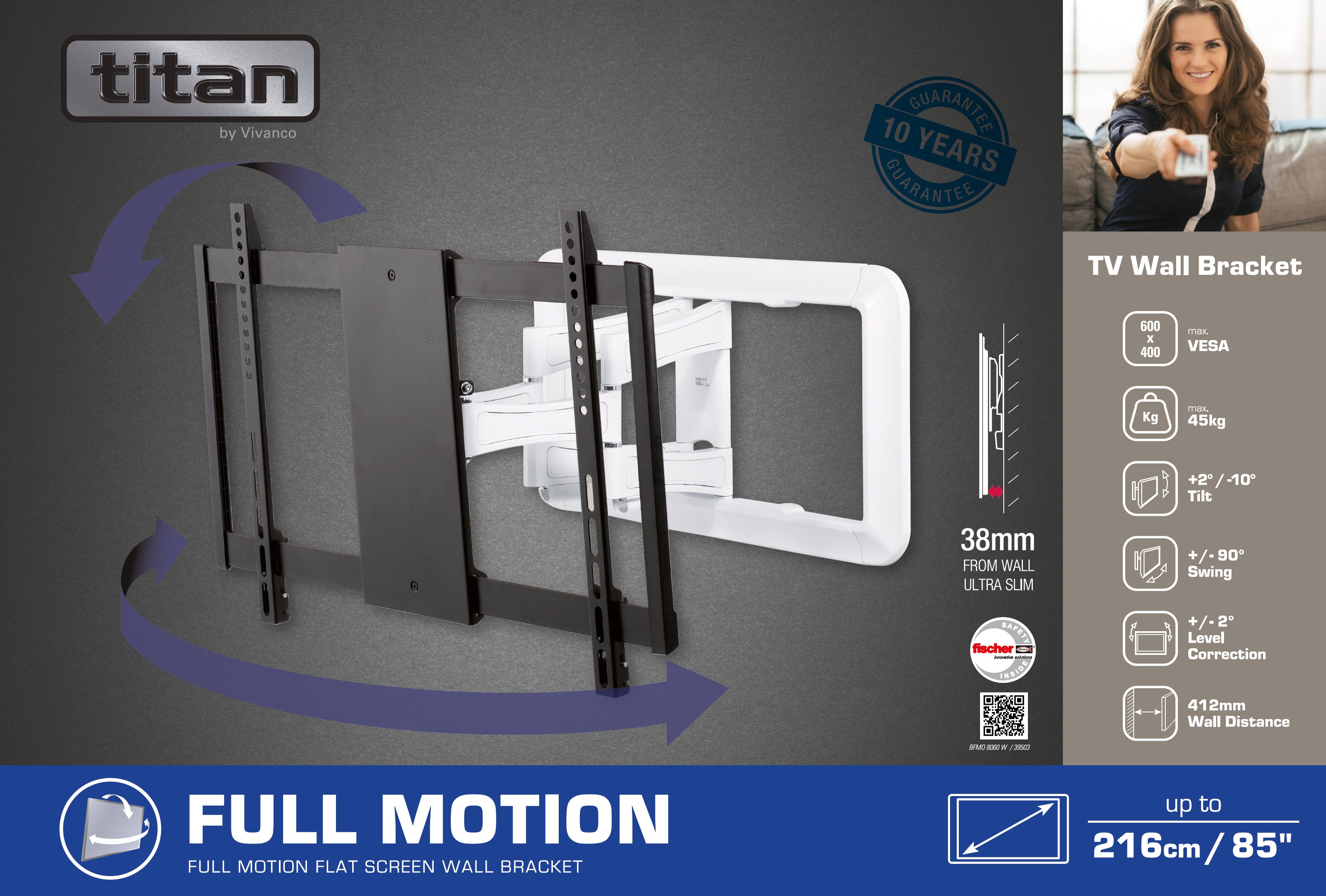 TITAN TV Wall Mount, MOTION, 85", 45kg, WHITE, VESA 600x400