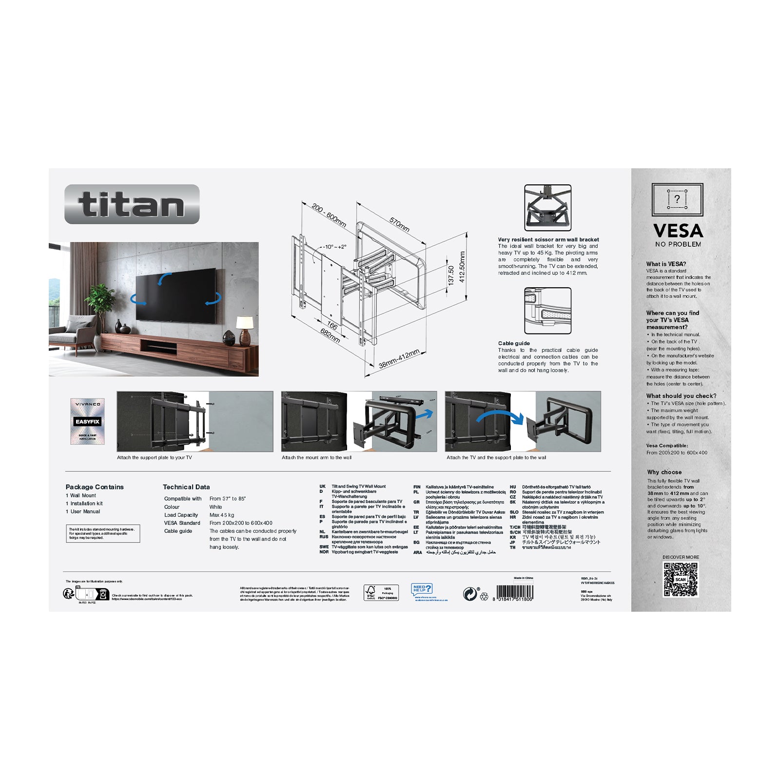 TITAN Supporto TV da parete, MOTION, 85", 45kg, bianco, VESA 600x400