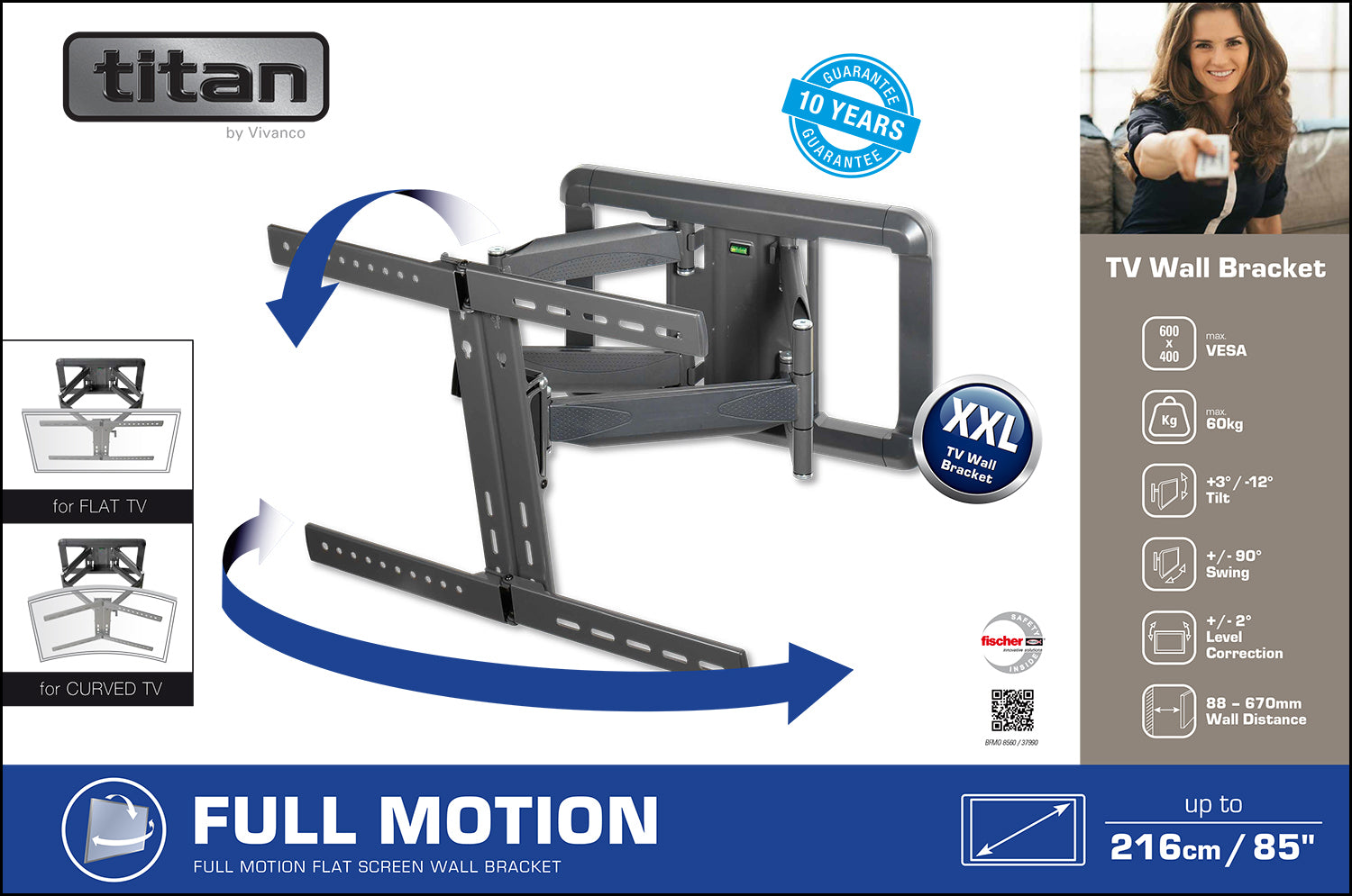 TITAN TV Wall Mount, MOTION, 85", 60kg, VESA 600x400