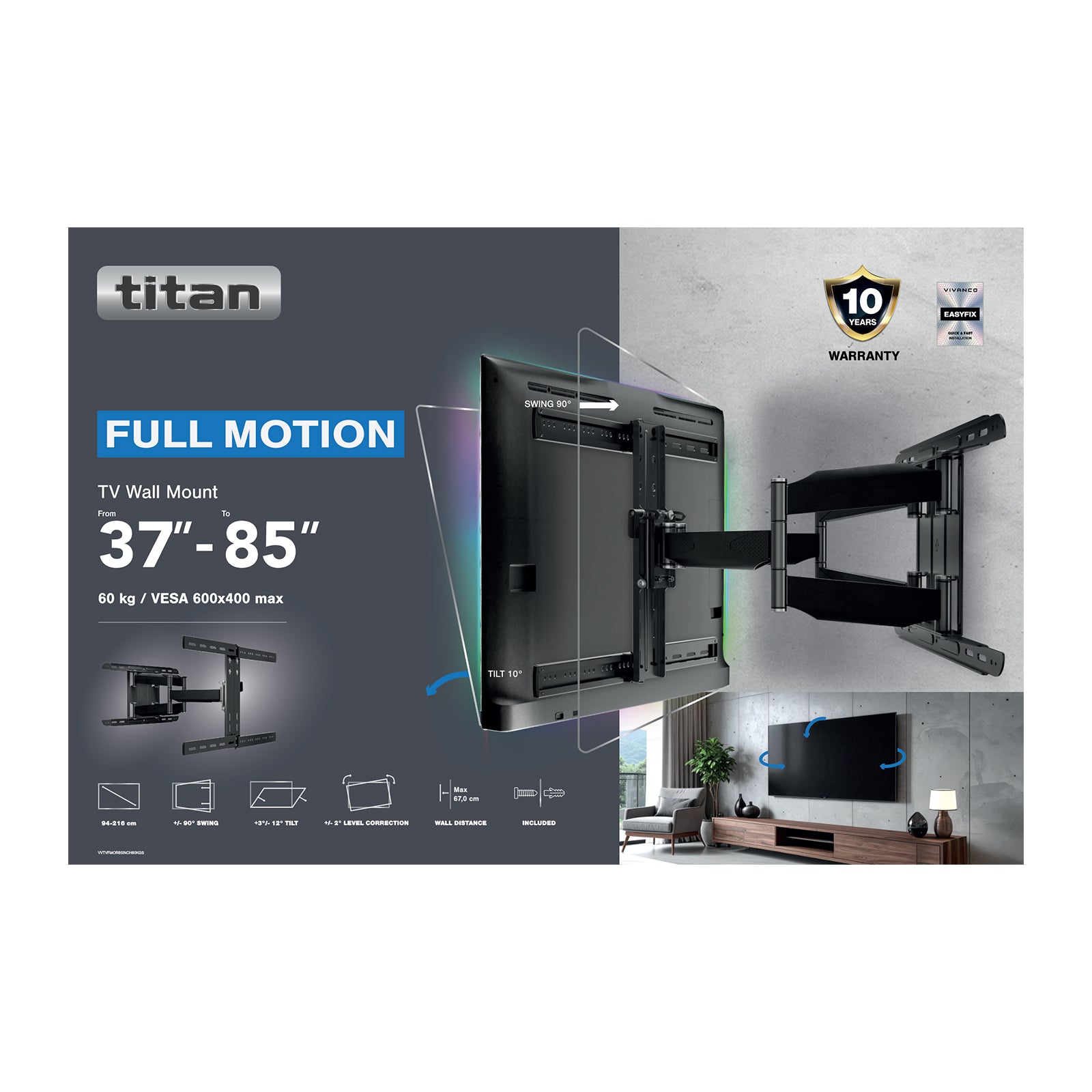 Supporto TV da parete, TITAN, MOTION, 85", 60kg, VESA 600x400
