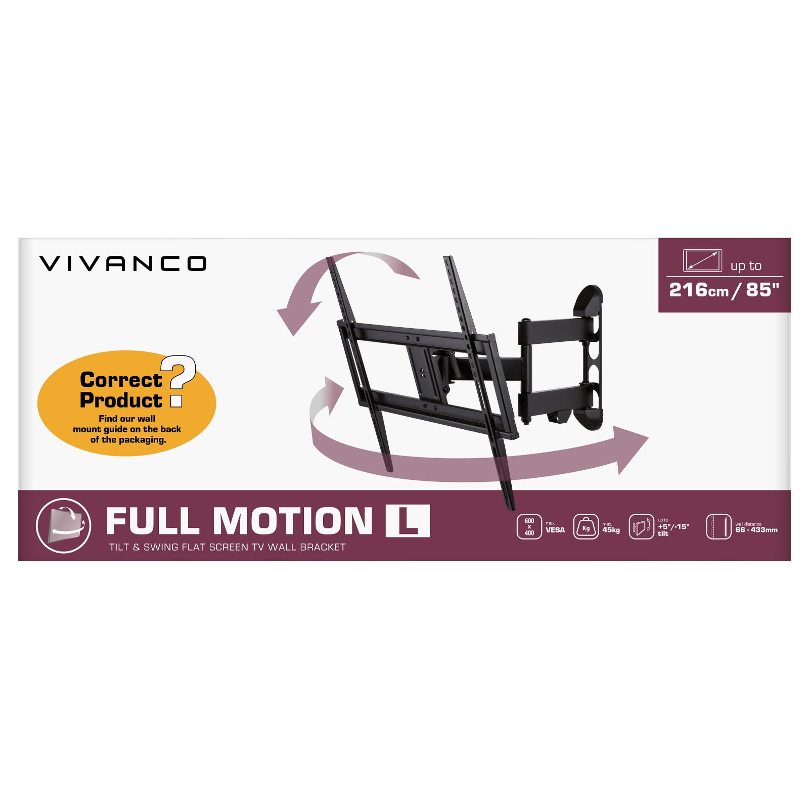 TV Wall Mount, MOTION, 85", 45kg, VESA 600x400