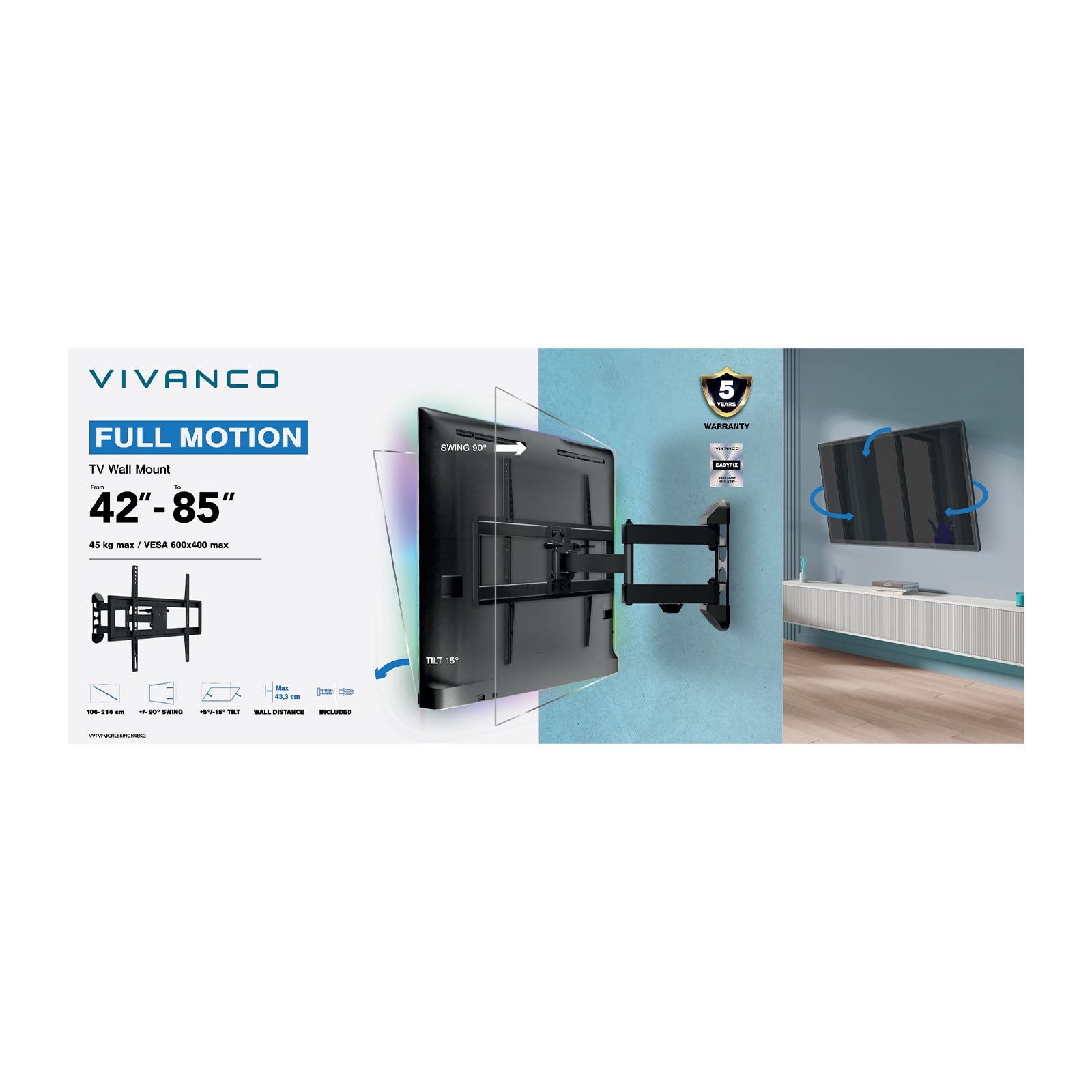Supporto TV da parete, MOTION, 85", 45kg, VESA 600x400