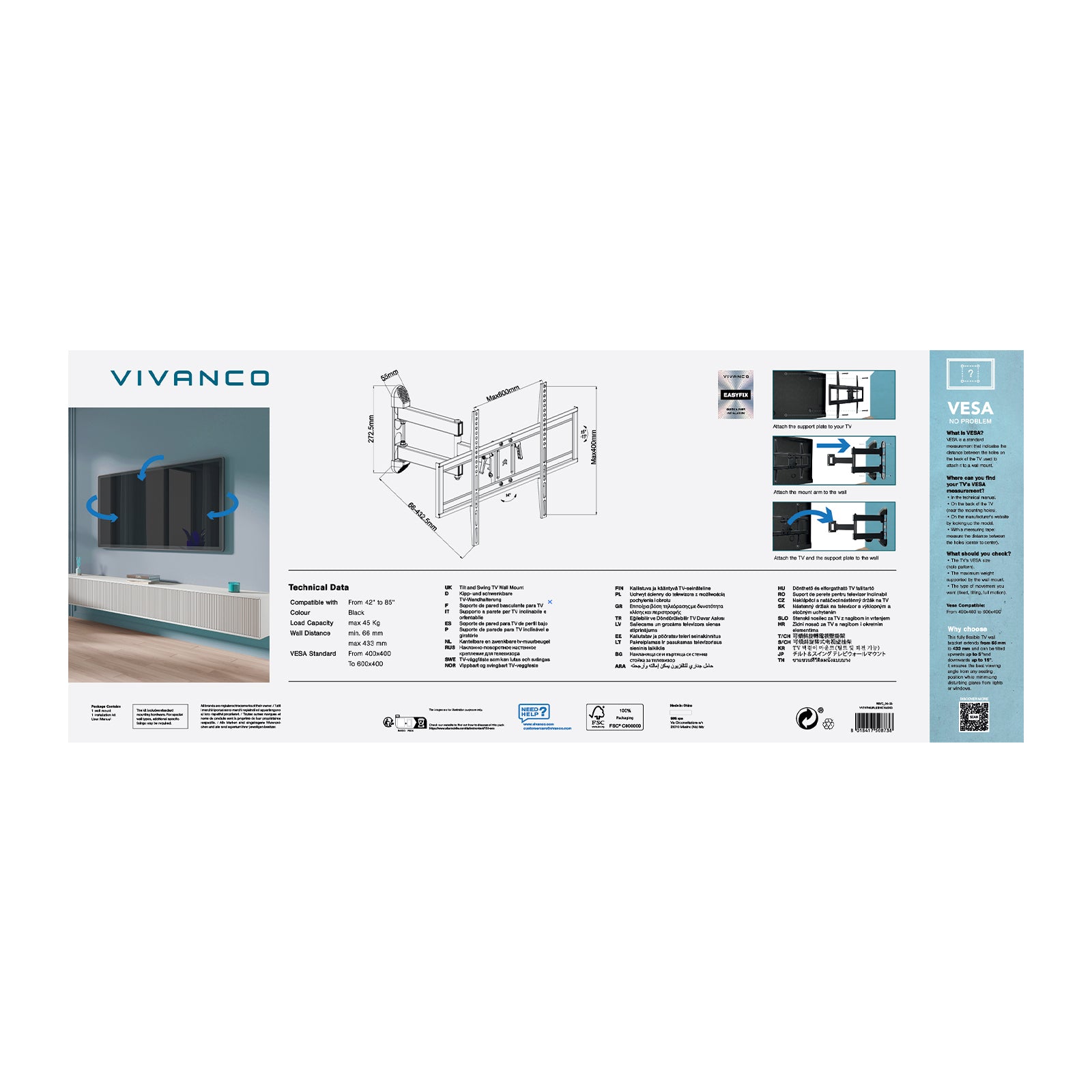 Supporto TV da parete, MOTION, 85", 45kg, VESA 600x400