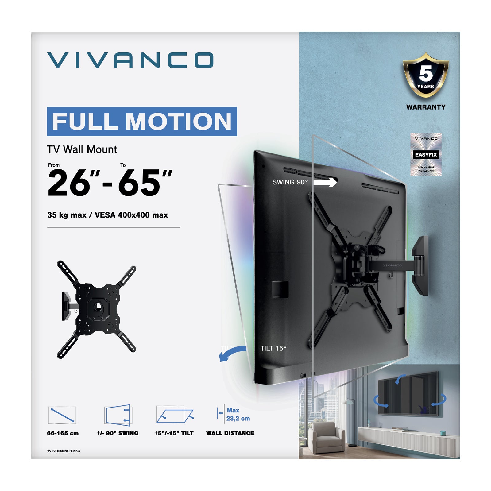 TV Wall Mount, MOTION, 55", 35kg, VESA 400x400