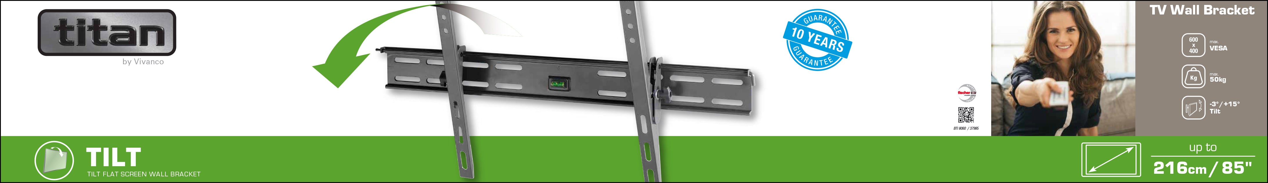 TITAN TV Wall Mount, TILT, 85", 50kg, VESA 600x400