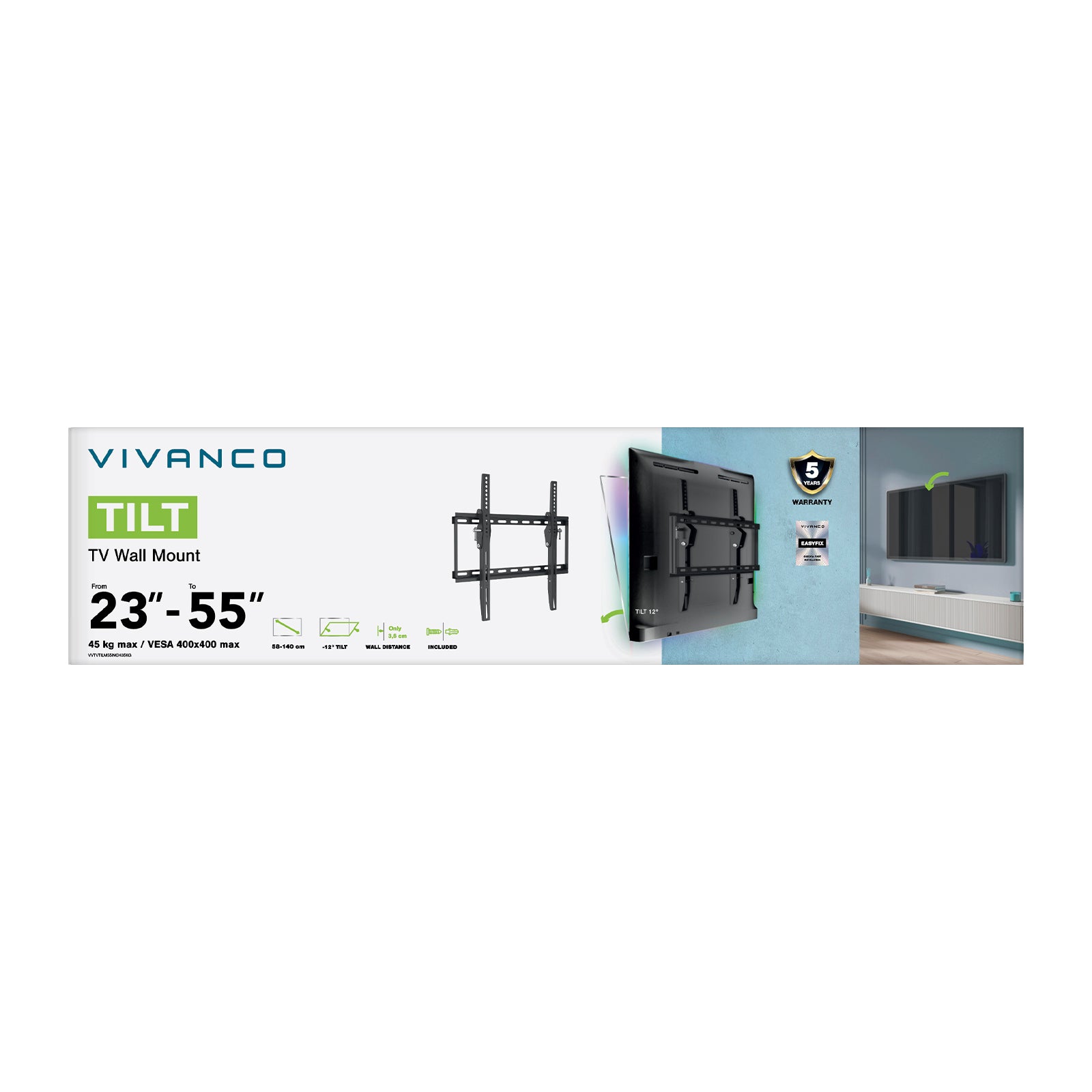 Soporte de pared para TV, Inclinable, 12°, 55", 35kg, VESA 400x400