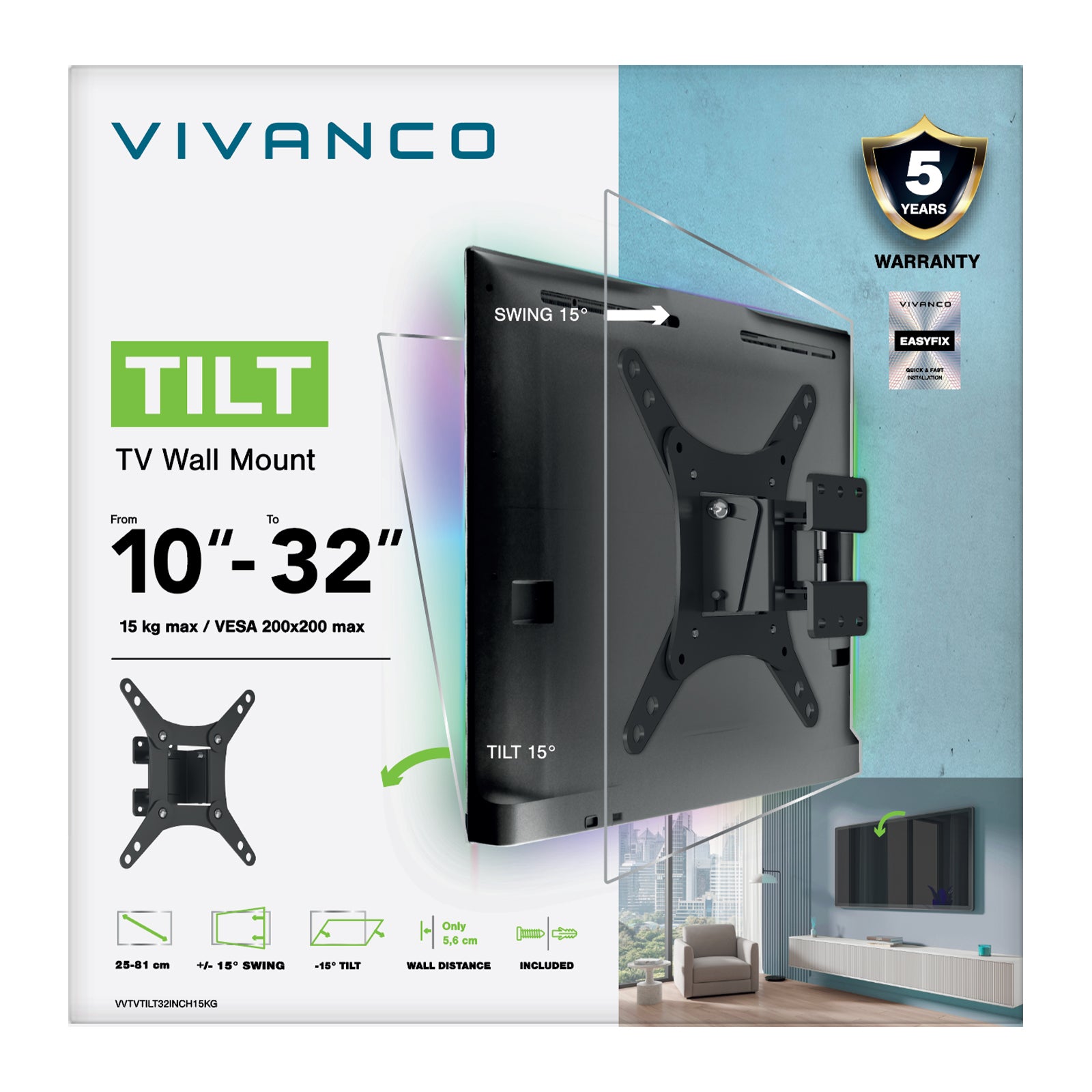 Supporto TV da parete, TILT, 43", 15kg, VESA 200x200