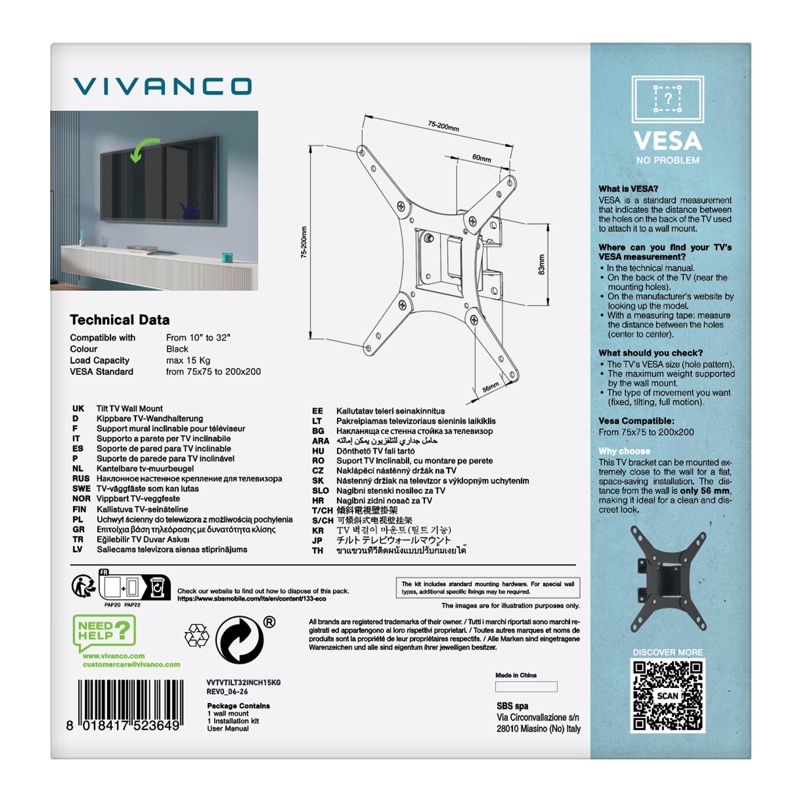 Supporto TV da parete, TILT, 43", 15kg, VESA 200x200