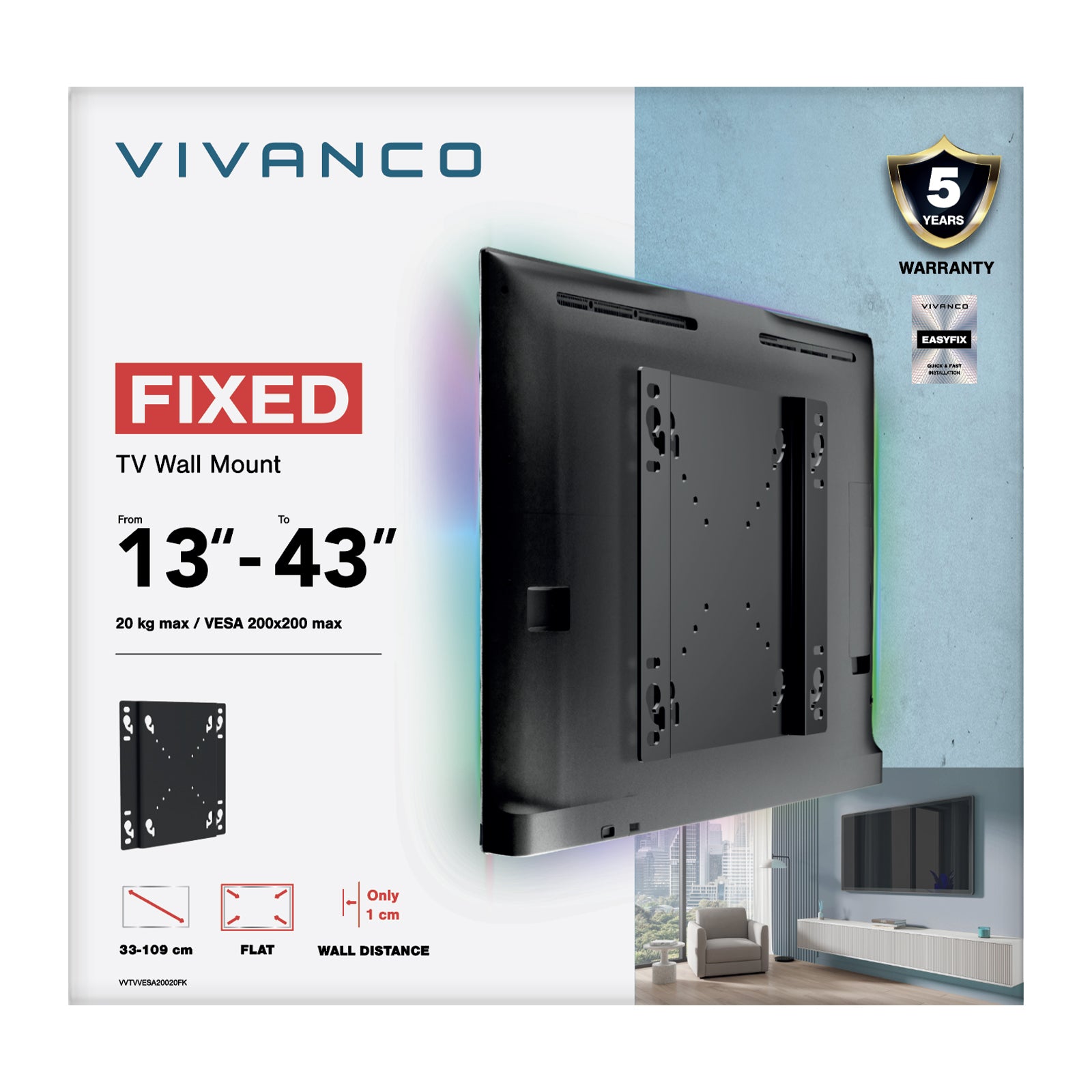 TV Wall Mount, FLAT, 43", 20kg ,VESA 200x200