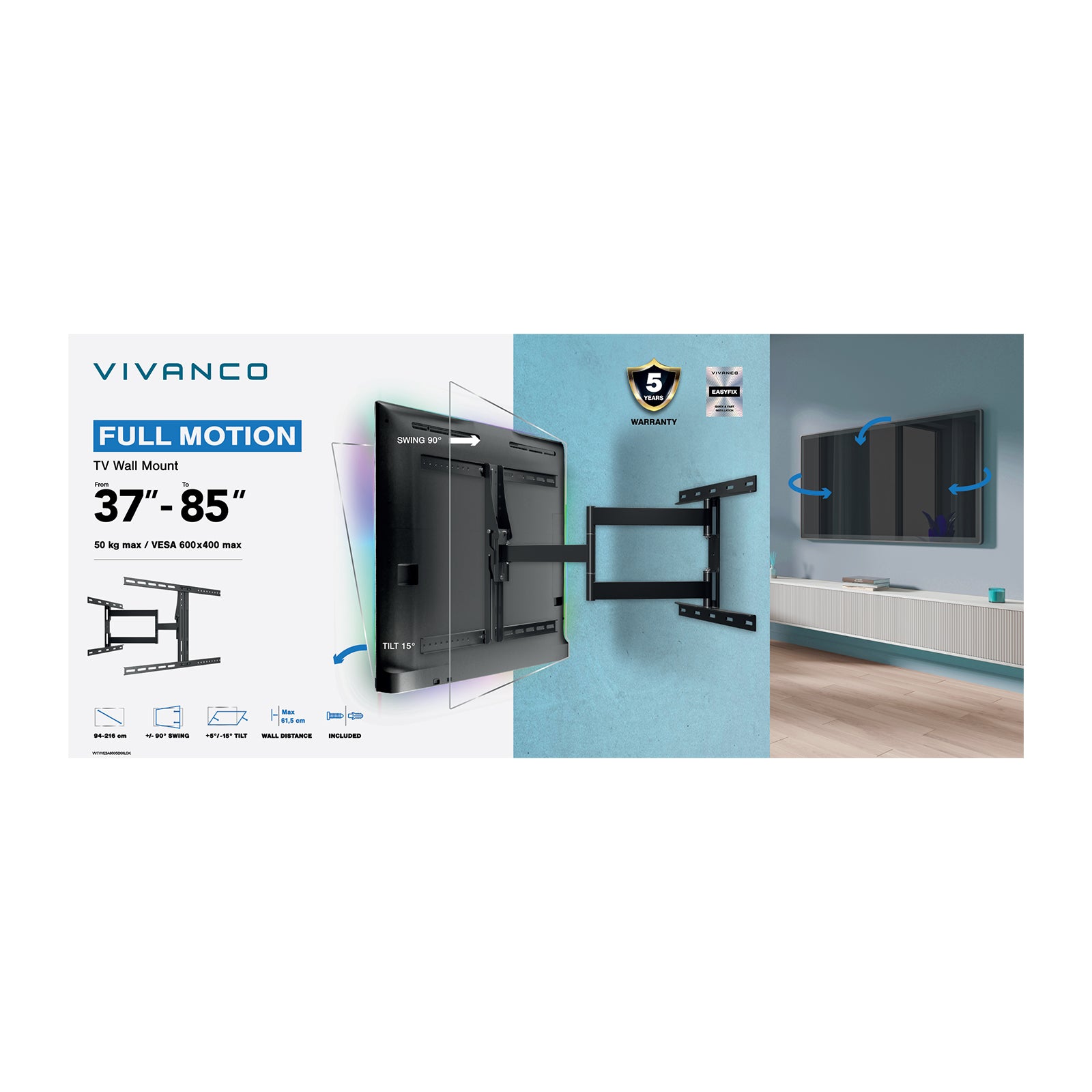 Supporto TV da parete, MOTION, 85", 50kg, VESA 600x400